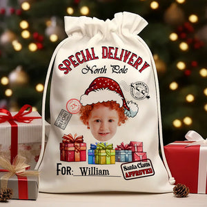 Special Delivery For Custom Photo And Name, Personalized String Bag, Christmas Gift