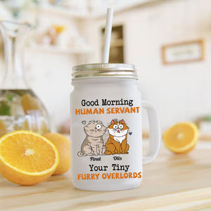 Good Morning  Human Servant, Custom Cats And Names - Personalized Mason Jar Cup With Straw