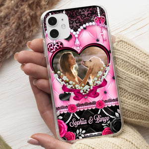 Black Pink Heart Pet Photo - Custom Photo And Name - Personalized Phone Case, Gift For Pet Lover, Gift For Family