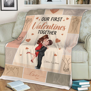 Our First Valentines Together - Custom Couple Appearances And Names - Personalized Fleece Blanket