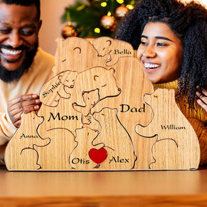 Personalized Bear Family Wooden Puzzle - Puzzle Wooden Bear Family - Wooden Pet Carvings, Gift For Family, Gift For Couple