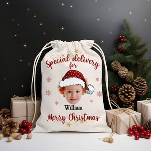 Christmas Special Delivery Custom Photo And Name, Personalized String Bag, Christmas Gift