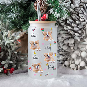 Tis The Season - Cutie Puppy Christmas - Custom Photo And Name - Personalized Glass Bottle, Frosted Bottle, Gift For Pet Lover