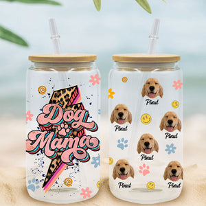 Dog Mama - Custom Photo And Name - Personalized Cutie Puppy Glass Bottle, Frosted Bottle, Gift For Pet Lovers