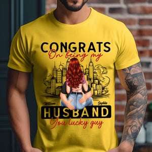 Congrats On Being My Man You Lucky Guy - Custom Appearance And Name - Personalized T-Shirt - Gift For Couple, Family Gift