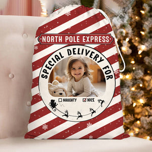 North Pole Express Special Deliver For Kid, Custom Background And Photo- Personalized String Bag, Christmas Gift, Gift For Family