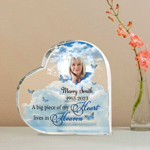 A Big Piece Of My Heart Lives In Heaven - Custom Photo And Name - Personalized Heart Shaped Acrylic Plaque - Gift For Family