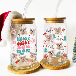 Holly Jolly Dog Mom - Cutie Puppy Christmas - Custom Photo And Name - Personalized Glass Bottle, Frosted Bottle, Gift For Pet Lover