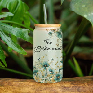 Bridesmaid Wildflower - Custom Name - Personalized Glass Bottle, Frosted Bottle