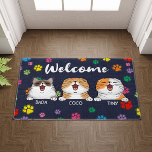 Welcome Cat House Color Paws  - Custom Cats And Names - Personalized Doormat - Pet Lover Gift