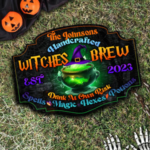 Handcrafted Witches Brew Drink At Own Risk - Custom Family Name And Year - Personalized Wooden Door Sign - Halloween Gift