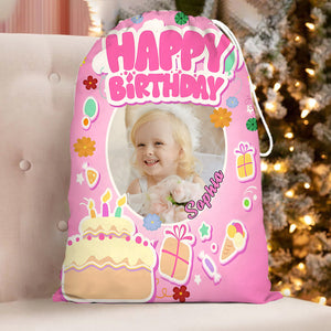 Happy Birthday Pink And Cake Bag Personalized Christmas String Bag