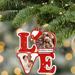 L.O.V.E For Christmas, Custom Photo And Family Name - Personalized Custom Shaped Wooden Ornament - Gift For Family