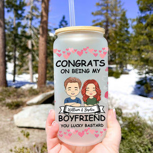 Congrats On Being My Boyfriend - Custom Appearance And Names - Personalized Glass Bottle, Frosted Bottle, Gift For Couple