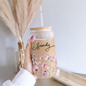 Bridesmaid Wildflower - Custom Name - Personalized Glass Bottle, Frosted Bottle