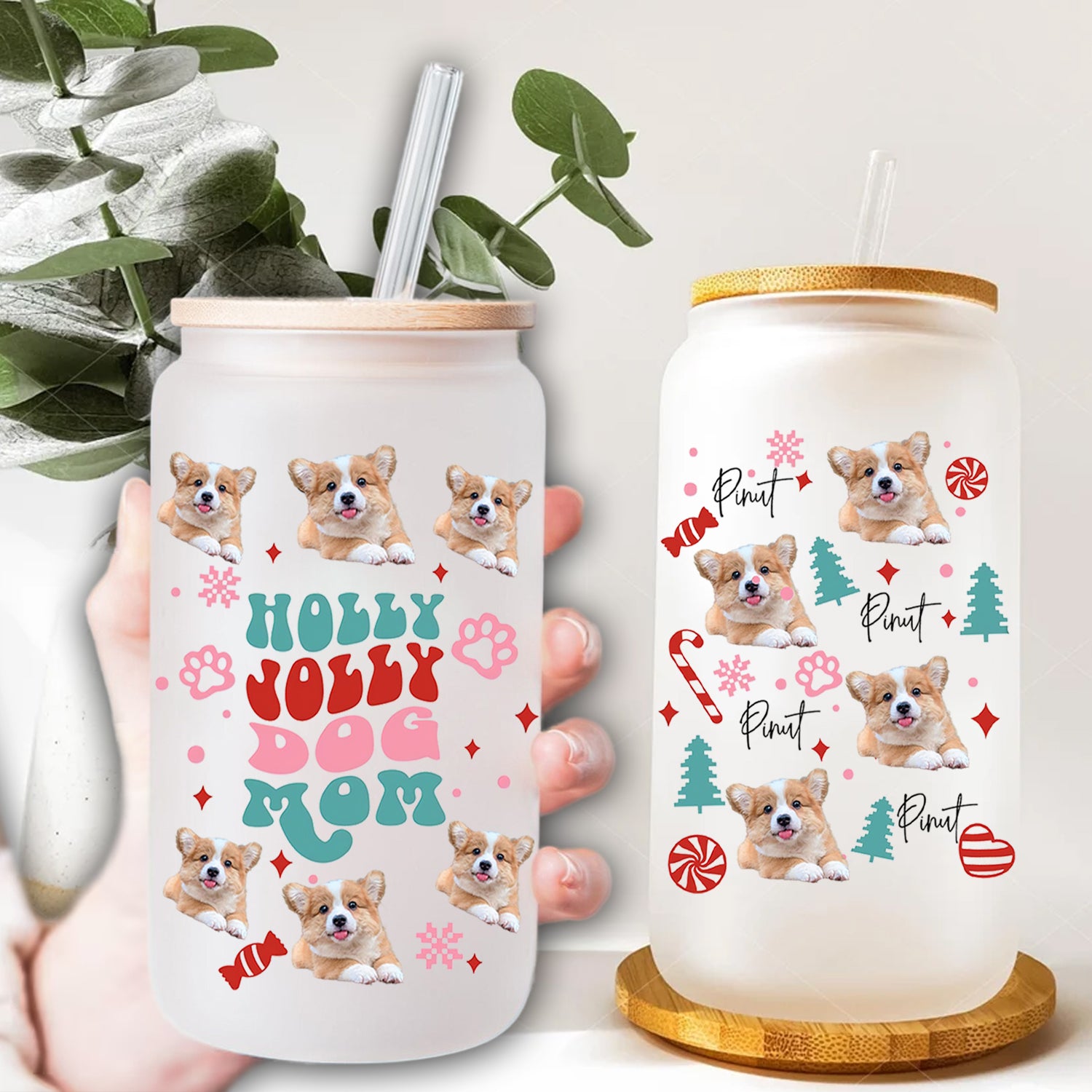 Holly Jolly Dog Mom - Cutie Puppy Christmas - Custom Photo And Name - Personalized Glass Bottle, Frosted Bottle, Gift For Pet Lover