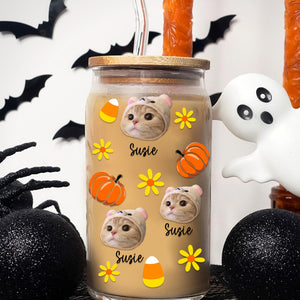 Halloween With Dog - Custom Photo And Name - Personalized Glass Bottle, Frosted Bottle, Gift For Dog Lovers, Halloween Gift