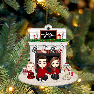 Joy Christmas Family By The Fireplace - Personalized Acrylic Ornament - Gift For Family, Xmas Gift