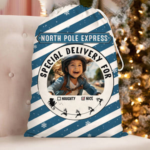 North Pole Express Special Deliver For Kid, Custom Background And Photo- Personalized String Bag, Christmas Gift, Gift For Family