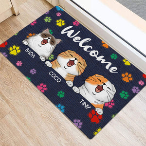 Welcome Cat House Color Paws  - Custom Cats And Names - Personalized Doormat - Pet Lover Gift