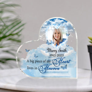 A Big Piece Of My Heart Lives In Heaven - Custom Photo And Name - Personalized Heart Shaped Acrylic Plaque - Gift For Family