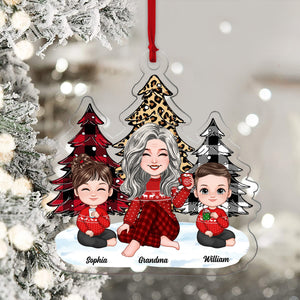 Grandma And Kids Sitting Near The Christmas Trees, Christmas Gift For Mom, Grandma, Custom Appearances And Names - Personalized Acrylic Ornament - Gift For Christmas, Family Gift