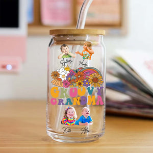 Groovy Grandma  - Custom Photo And Name - Personalized Glass Bottle, Frosted Bottle - Family Gift