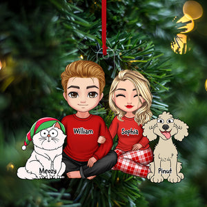 Couple Sitting With Christmas Pet, Custom Appearances And Names - Christmas Gift For Couple - Personalized Acrylic Ornament