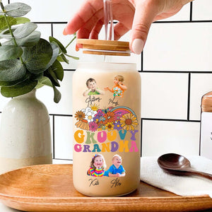 Groovy Grandma  - Custom Photo And Name - Personalized Glass Bottle, Frosted Bottle - Family Gift