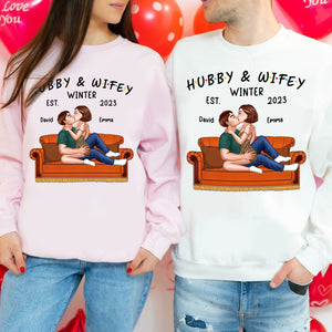 Hubby & Wifey Winter - Custom Appearance And Names - Personalized Sweatshirt - Gift For Him, Gift For Her