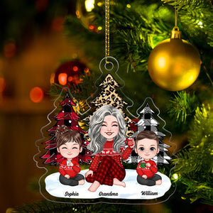 Grandma And Kids Sitting Near The Christmas Trees, Christmas Gift For Mom, Grandma, Custom Appearances And Names - Personalized Acrylic Ornament - Gift For Christmas, Family Gift