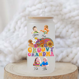 Groovy Grandma  - Custom Photo And Name - Personalized Glass Bottle, Frosted Bottle - Family Gift