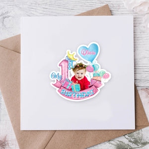 Personalized 1st Birthday Sticker, Custom Photo And Text Name, Birthday Gift