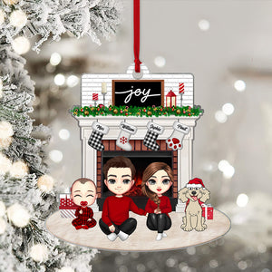 Joy Christmas Family By The Fireplace - Personalized Acrylic Ornament - Gift For Family, Xmas Gift