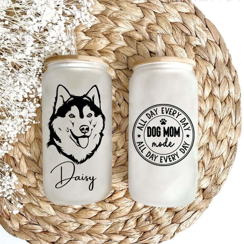 Dog Mom Mode All Day Every Day Personalized Glass Bottle, Frosted Bottle, Gift For Pet Lover