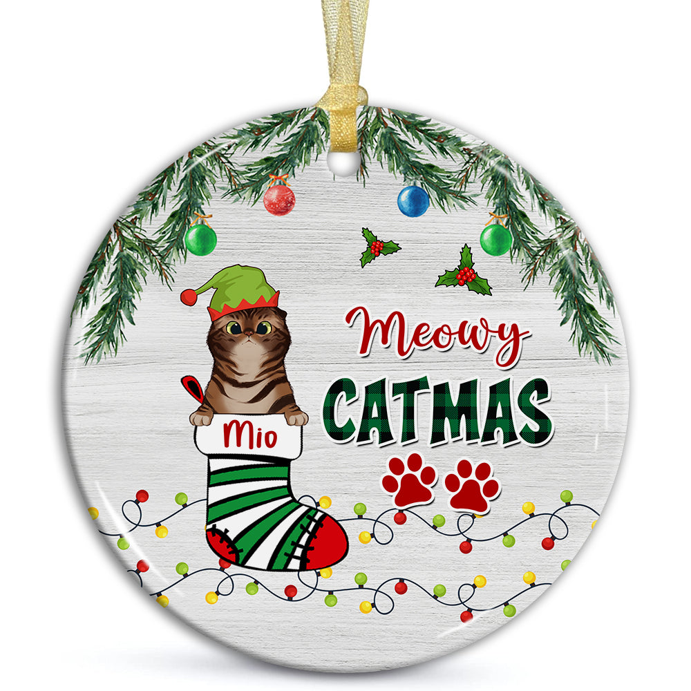 Meowy Catmas - Personalized Ceramic Ornament - Gift For Pet Lover, Christmas Gift