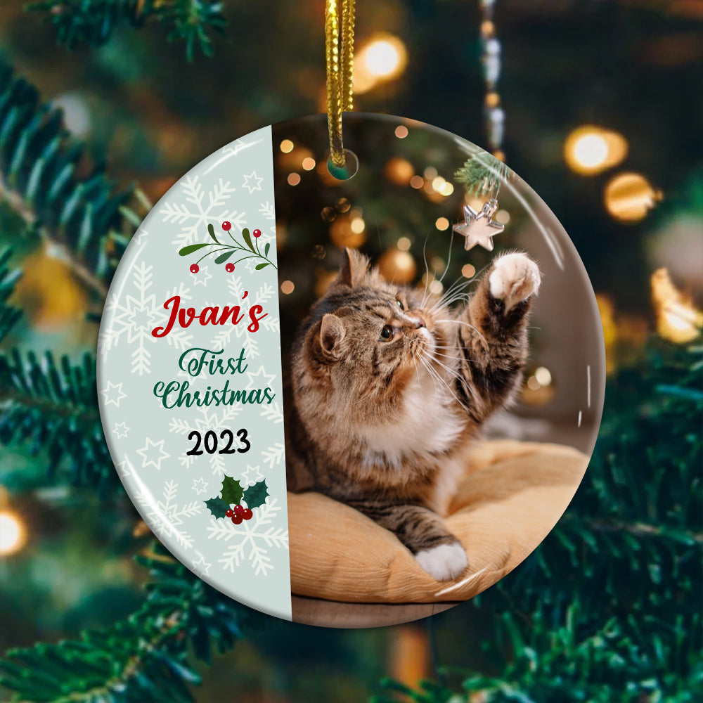 Merry First Christmas - Personalized Photo And Name Ceramic Ornament - Gift For Christmas, Gift For Pet Lover, Gift For Family