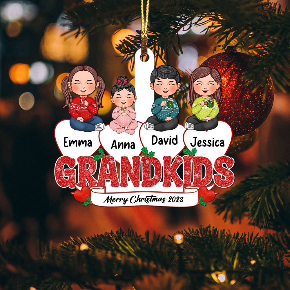Christmas Kids On Snow Heart - Custom Appearances And Names, Personalized Acrylic Ornament - Gift For Christmas