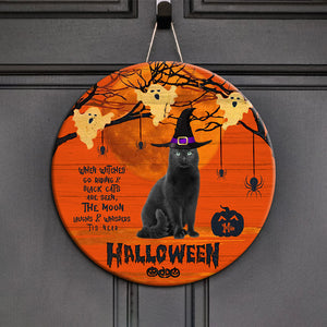 Personalized 'Witches & Black Cats' Halloween Wooden Door Sign, Custom Photo And Name - Halloween Gift