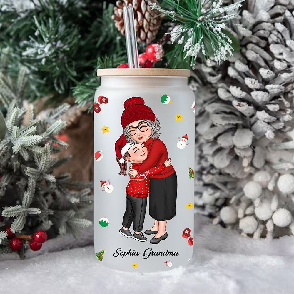 Grandma And Kid Hugging - Customization Glass Bottle, Frosted Bottle, Gift For Family, Christmas Gift