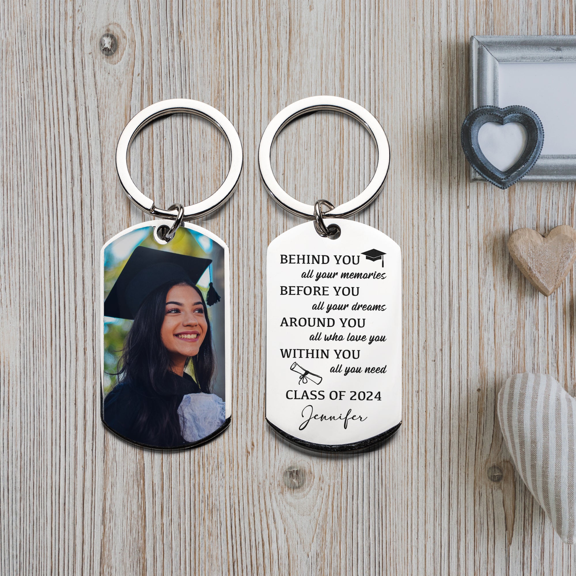 Behind You All Your Memories , Personalized Photo And Text Metal Keychain, Graduation Gift