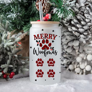 Merry Woofmas Caro Pattern - Custom Names - Personalized Glass Bottle, Frosted Bottle