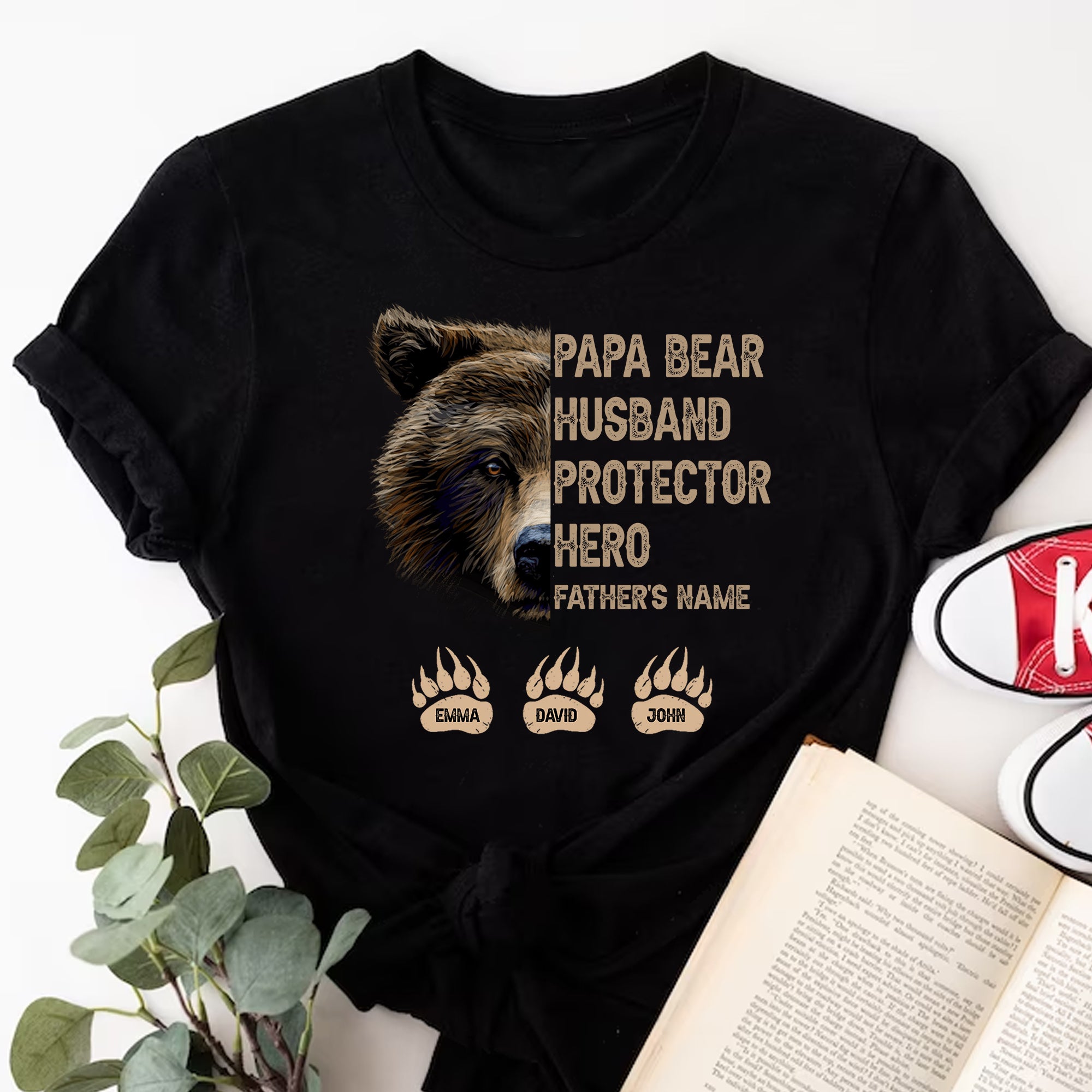 Papa Bear Husband Protector Hero - Custom Names - Personalized T-Shirt - Gift For Family