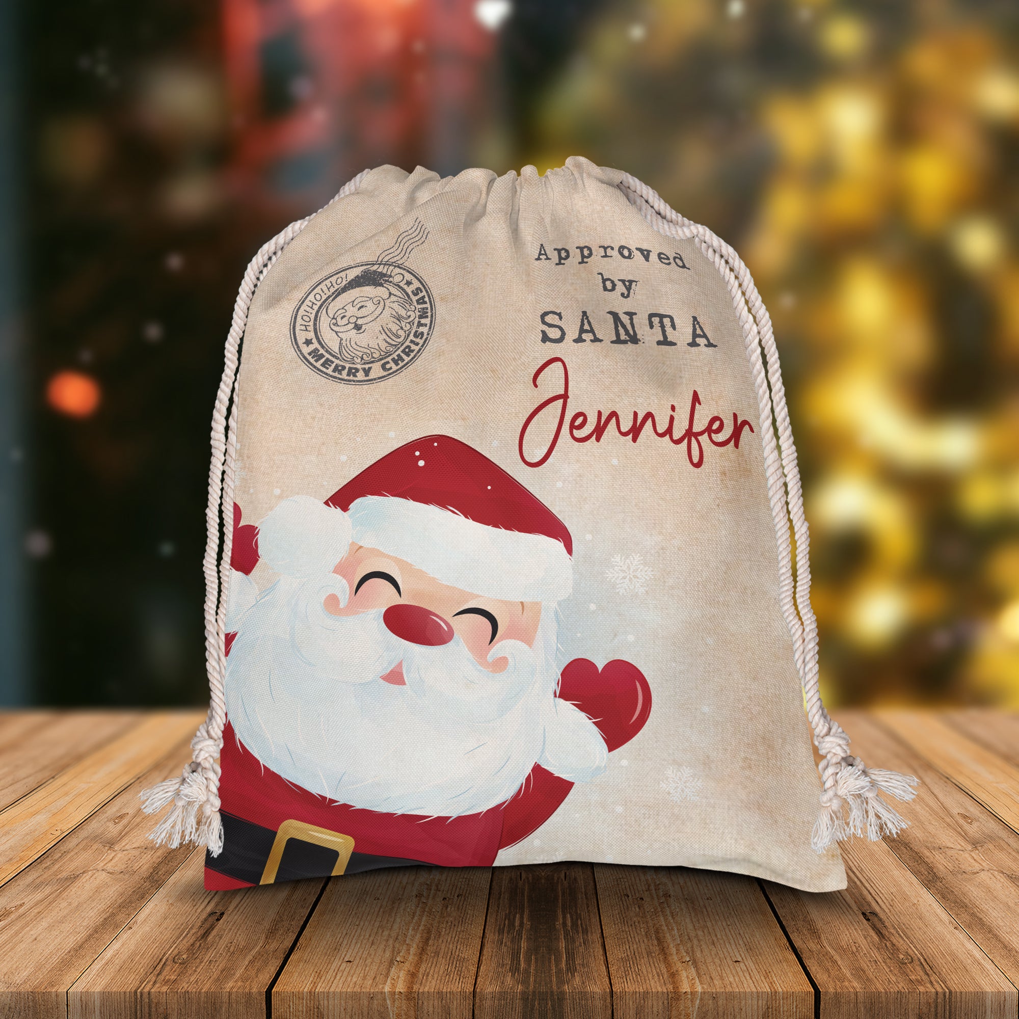 Approved By Santa- Custom Photo And Name, Personalized String Bag, Christmas Gift