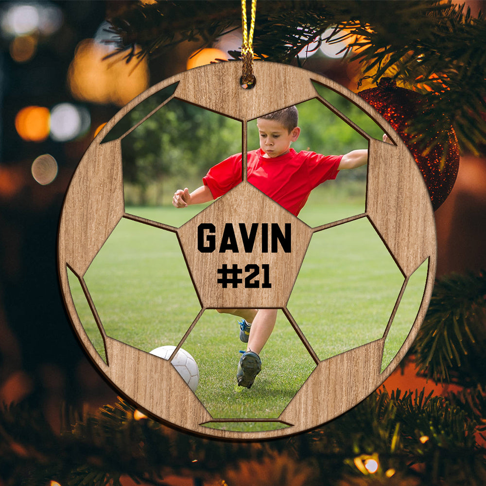 Custom Photo And Name In Ball - Personalized Custom Shaped Wooden Ornament - Gift For Soccer Lover