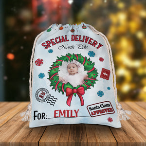 Merry Christmas Special Delivery North Pole For Kid - Custom Photo And Name, Personalized String Bag, Gift For Family, Christmas Gift