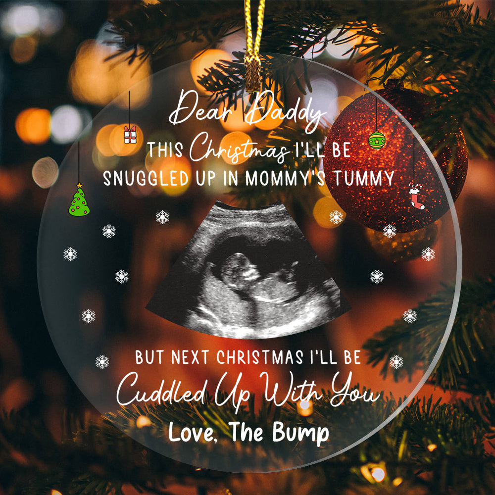 This Christmas I'll Be Snuggled Up In Mommy's Tummy But Next Christmas I Will Be Cuddle Up With You, Custom Photo And Title - Personalized Acrylic Ornament