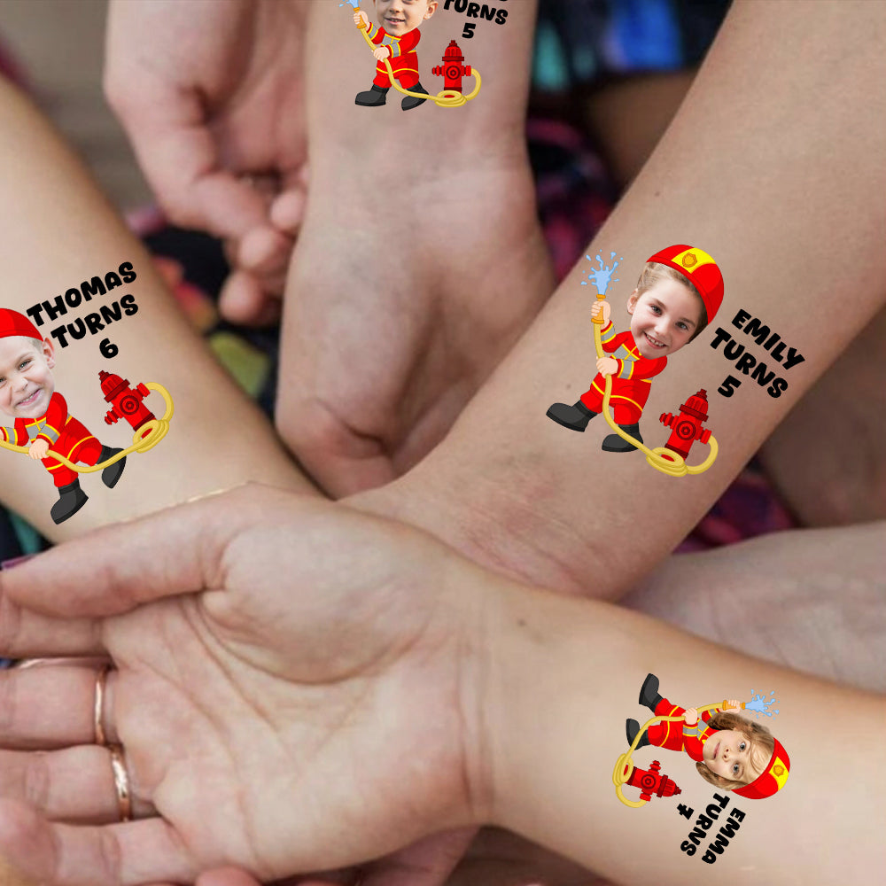 Fireman Kid, Custom Face Photo And Texts Temporary Tattoo, Personalized Tattoo, Fake Tattoo