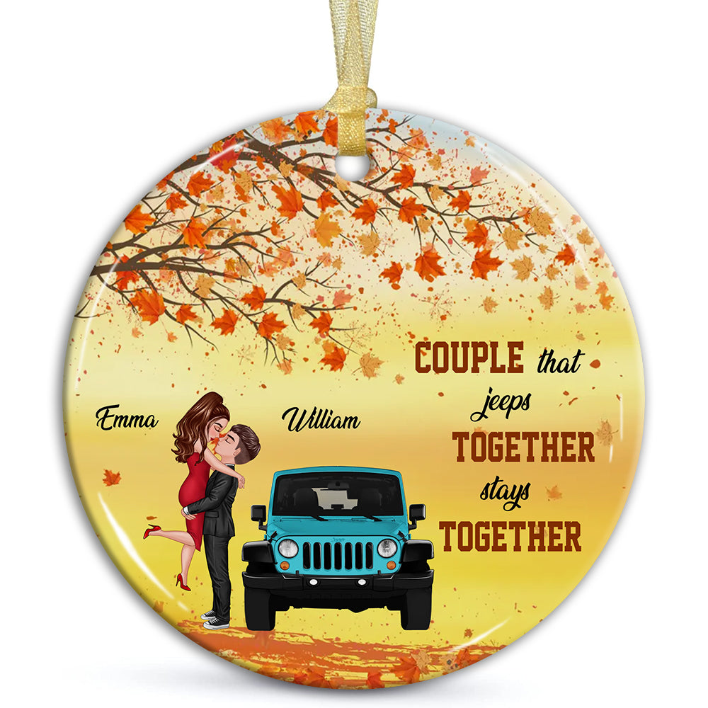 Couple That Jeeps Together Stays Together , Custom Appearances And Names- Personalized Ceramic Ornament - Gift For Couple