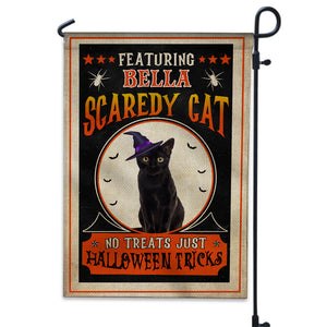 Scaredy Black Cat No Treats Just Tricks - Personalized Cat Photo And Name Flag - Gift For Pet Lovers, Halloween Gift